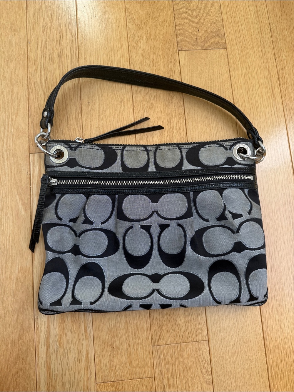 Coach Black and Gray Signature Jacquard Shoulder Bag